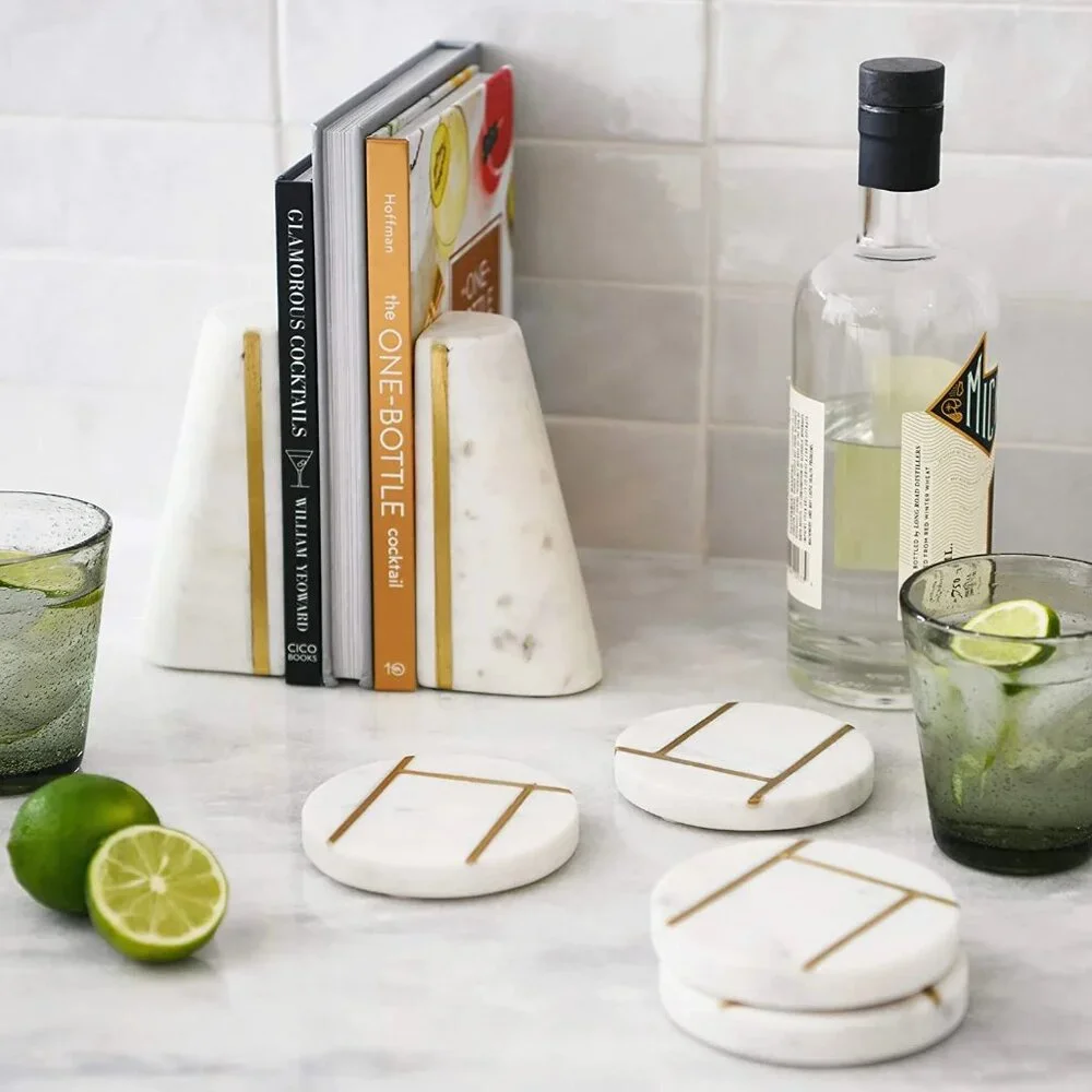 Creative Co-Op Round Marble Coasters with Brass Inlay, White, Set of 4/NWT
